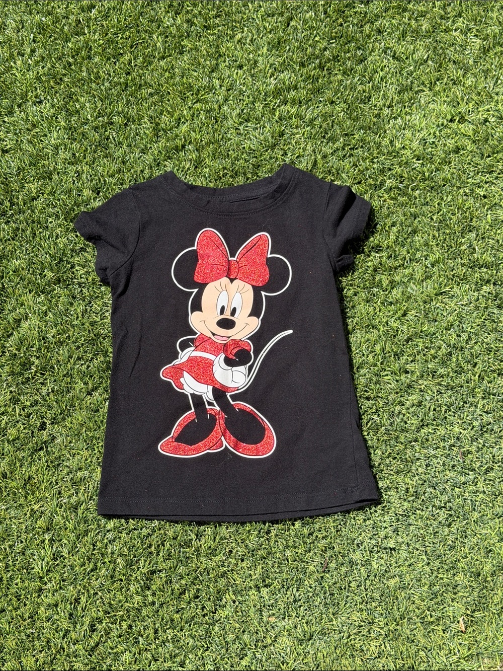 Disney Black Tee with Red Glitter Minnie Mouse Graphic